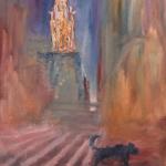 08 blue dog and the Chrysler Building at sunset. Oil on canvas. 2013 New York. 36x27in. Painting available at Ward-Nasse Gallery NYC (www.ward-nassegallery.net) 